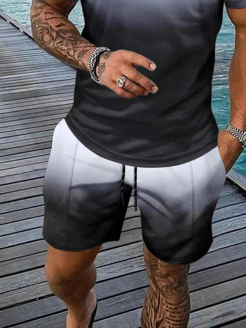 Men's Gradient Outfit + Pocketed Drawstring Shorts Set - Plus Size