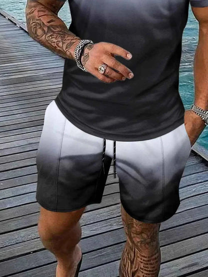 Men's Gradient Outfit + Pocketed Drawstring Shorts Set - Plus Size