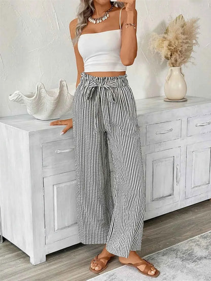 Full Size Striped Wide Leg Paper Bag Pants Plus Size
