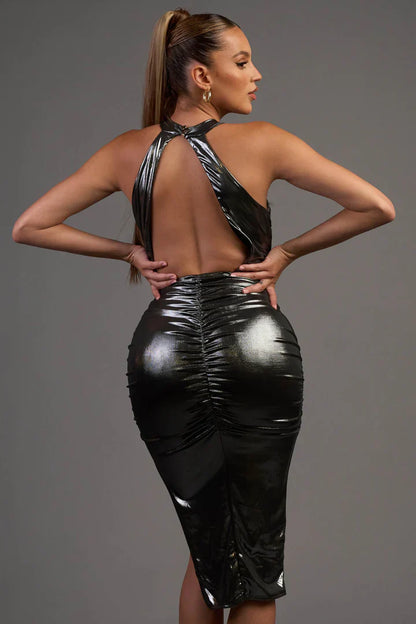 時尚閃亮金屬質感吊帶開衩中長連身裙