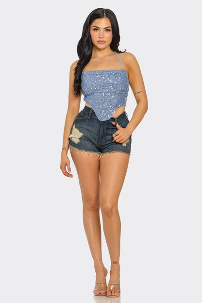 TOP CORTO DE FESTIVIAL CON LENTEJUELAS Y LAZO EN LA ESPALDA ABIERTA DE BAYLEE