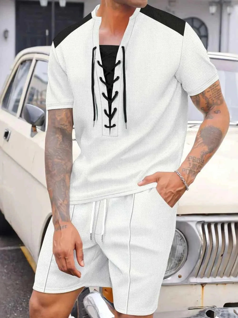 Men's Lace-Up Set Waffle Knit Two-Piece Outfit Plus Size