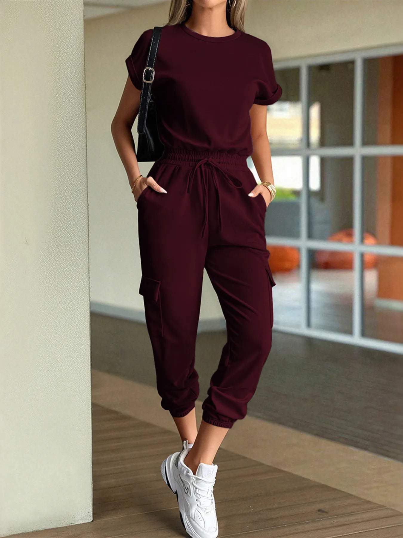 Round Neck Short Sleeve Top and Pants Set