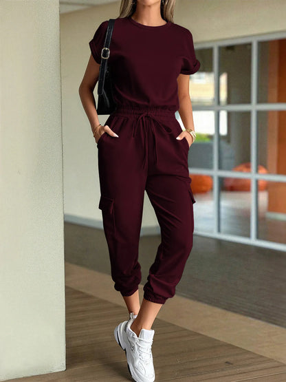 Round Neck Short Sleeve Top and Pants Set