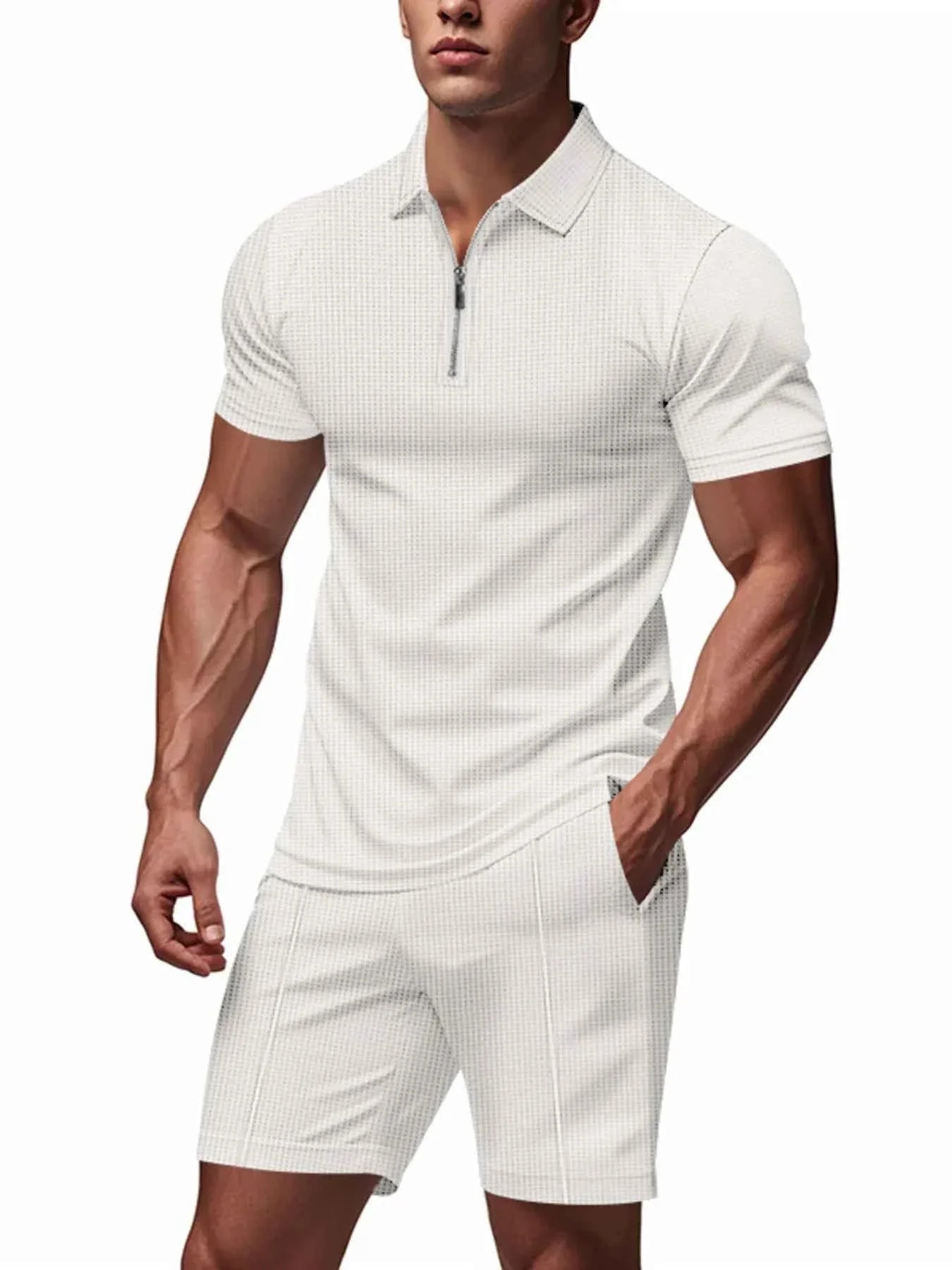 Men's Plus Size Quarter Zip Short Sleeve Top and Shorts Set