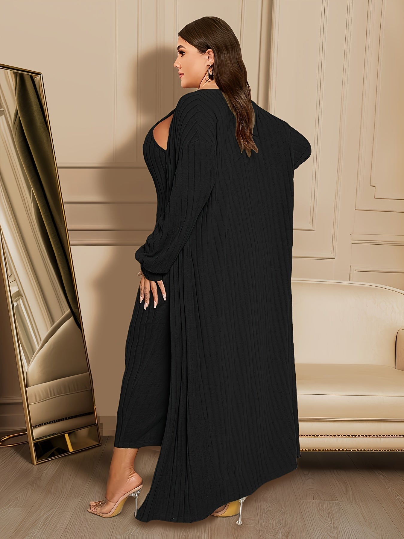 女士加大尺碼羅紋開襟衫連身裙套裝