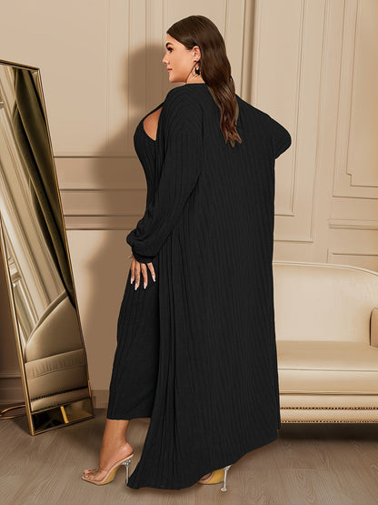 女士加大尺碼羅紋開襟衫連身裙套裝