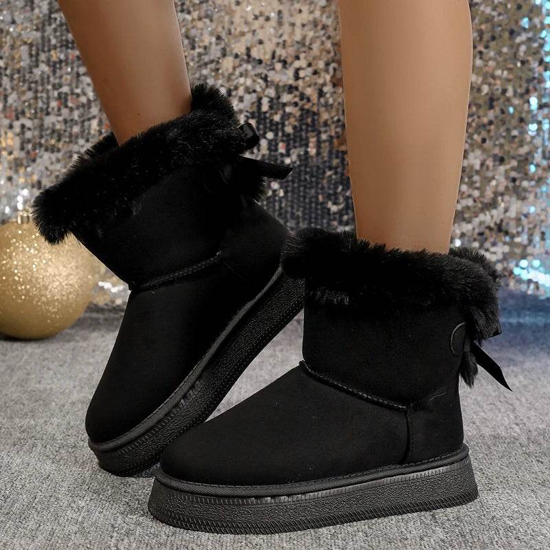 Bow Detail Round-Toe Flat Snow Boots – Soft Velvet Warm Winter Shoes for Women