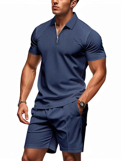 Men's Plus Size Quarter Zip Short Sleeve Top and Shorts Set