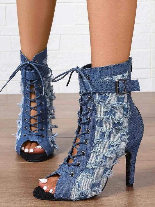 Distressed Denim Lace-Up Peep Toe Ankle Boots