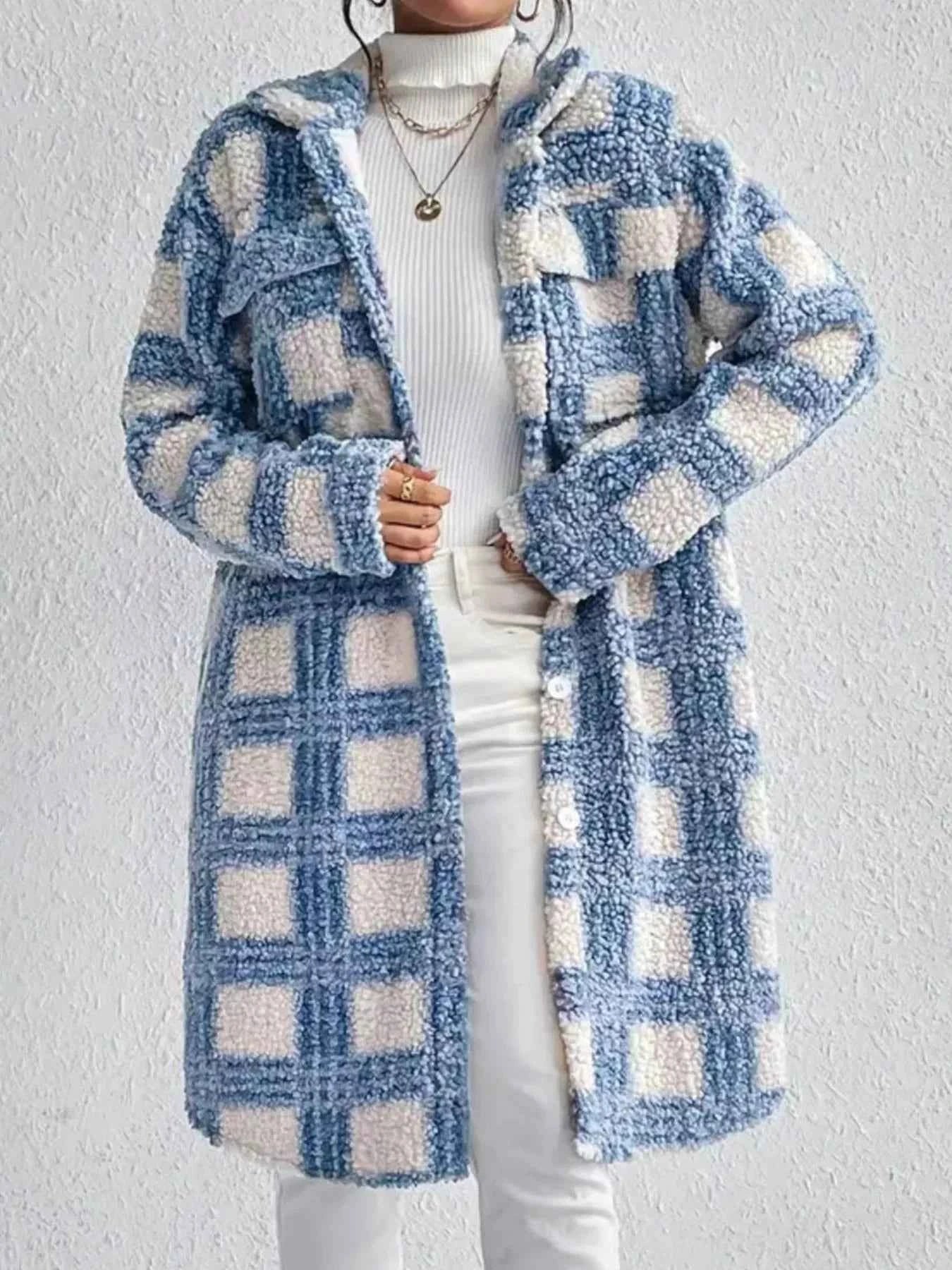 Plaid Button Up Long Sleeve Fleece Coat