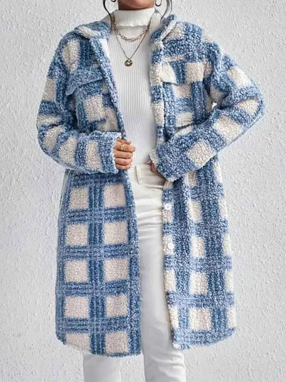 Plaid Button Up Long Sleeve Fleece Coat