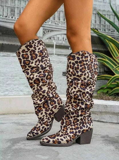 Cowboy Leopard Point Toe : Block Heels Boots