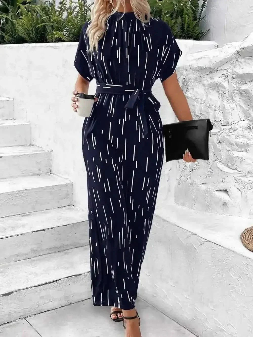 Tied Printed Mock Neck : Wide Leg Jumpsuit