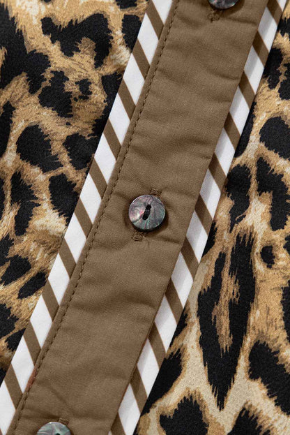 Brown Leopard Collared 3/4 Sleeve Shirt and Loose Pants Two Piece Outfit Set
