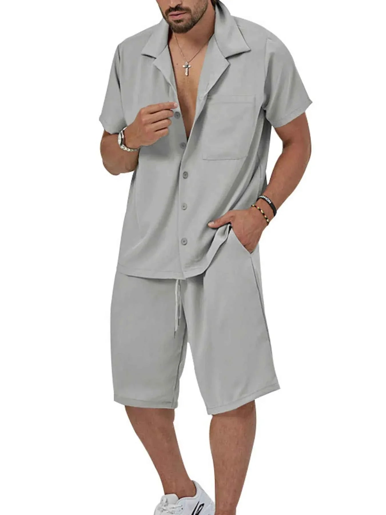 Men's Plus Size Button Up Short Sleeve Shirt and Shorts Set