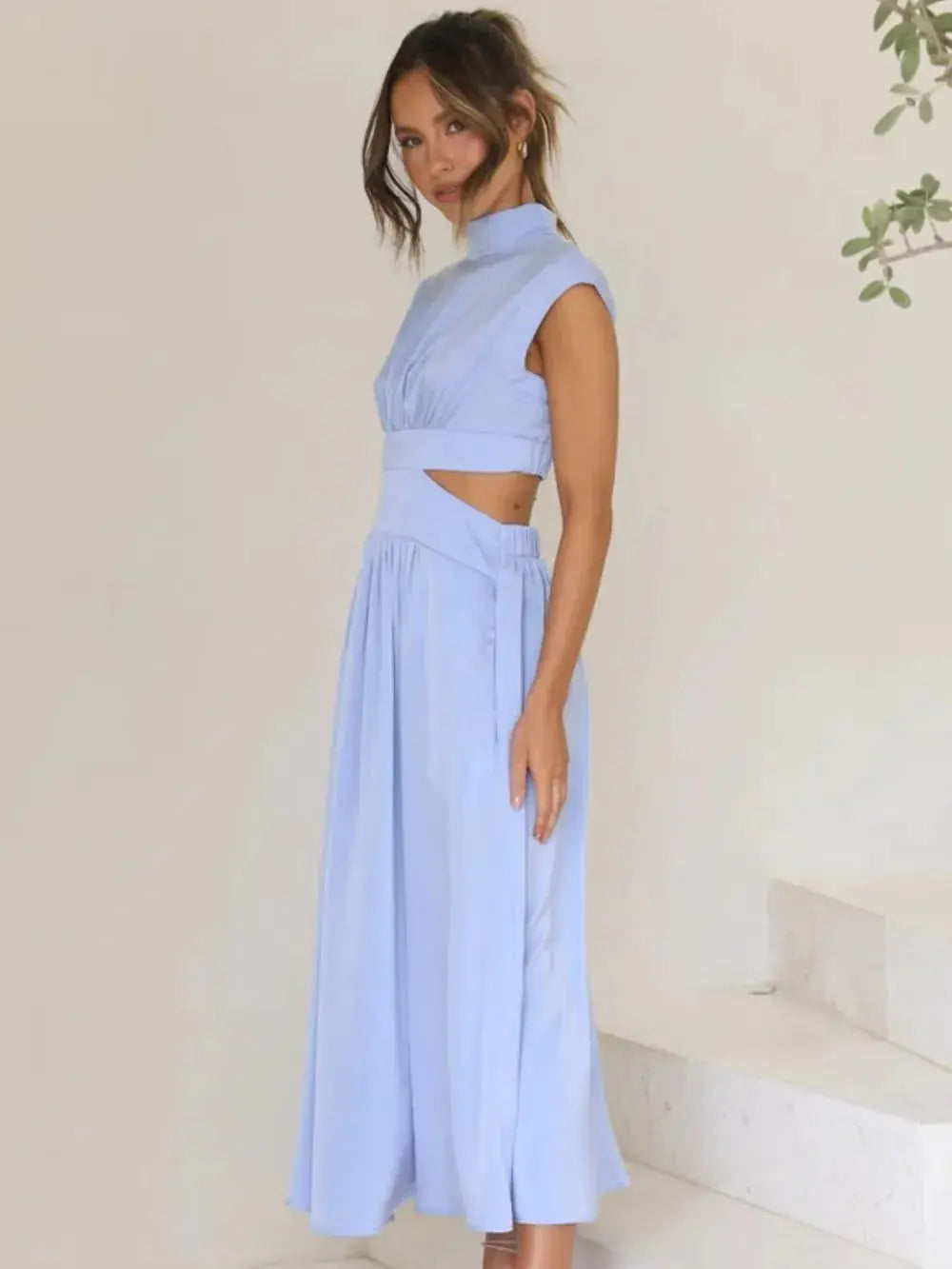 Cutout Mock Neck Sleeveless Ruched Dress