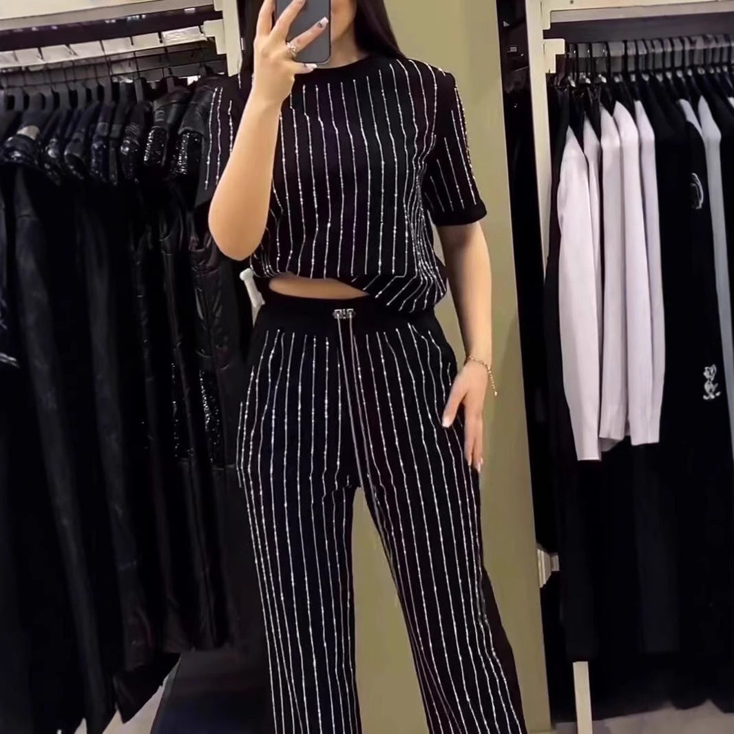 豎條紋水鑽上衣兩件套