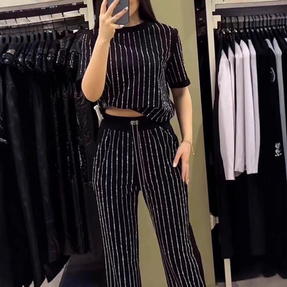 豎條紋水鑽上衣兩件套