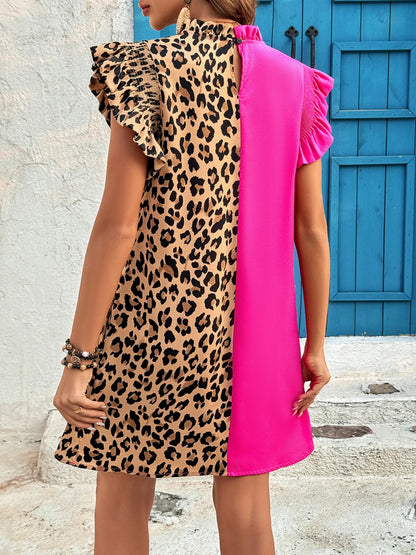 Leopard Color Block Ruffle Sleeve Dress