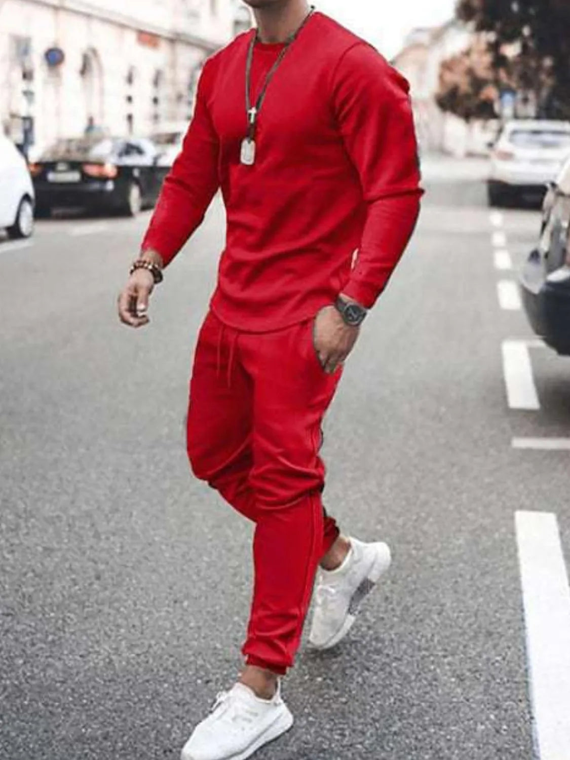 Men's Full Size Round Neck Long Sleeve Top and Pants Set Plus Size