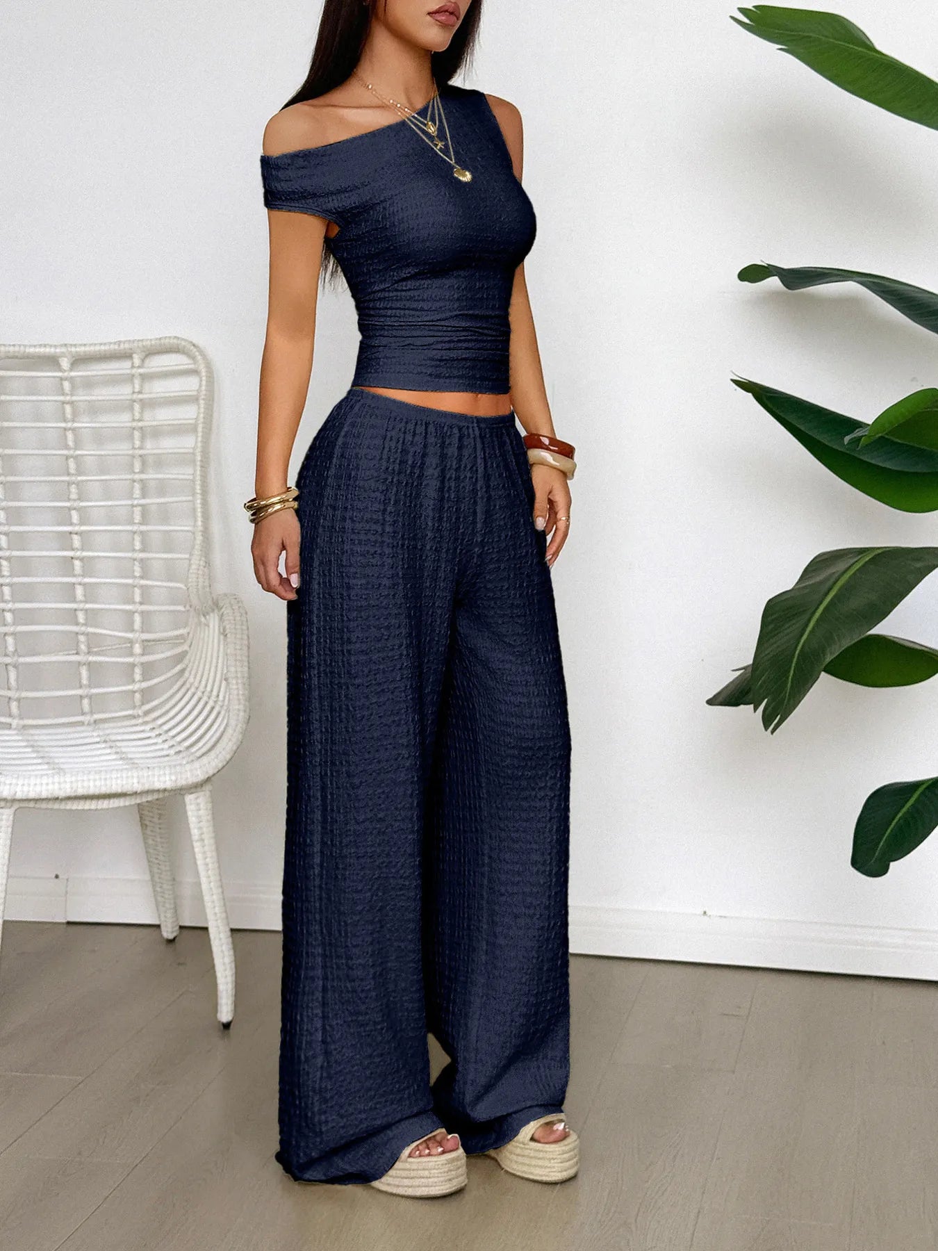 One Shoulder Top and Wide Leg Pants Set