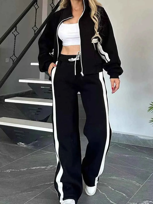 Full Size Contrast Stripe Zip Up Jacket and Pants Set Plus Size