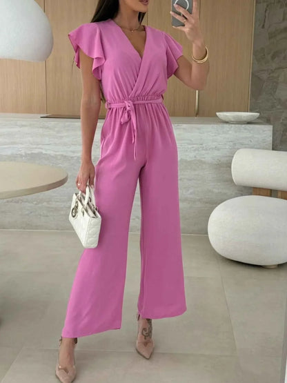 Surplice Wide Leg Belted Jumpsuit