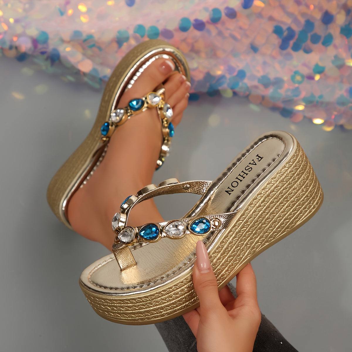 The Wedge-Heeled Flip-Flops with Rhinestones Are Eye-Catching And Glamorous.