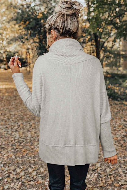 Light Grey Textured Knit Drawstring Cowl Neck Oversize Top with Side Slits