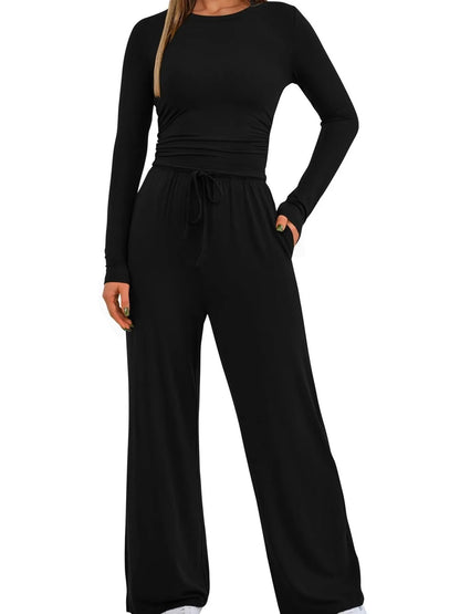 Round Neck Long Sleeve Top and Pants Set