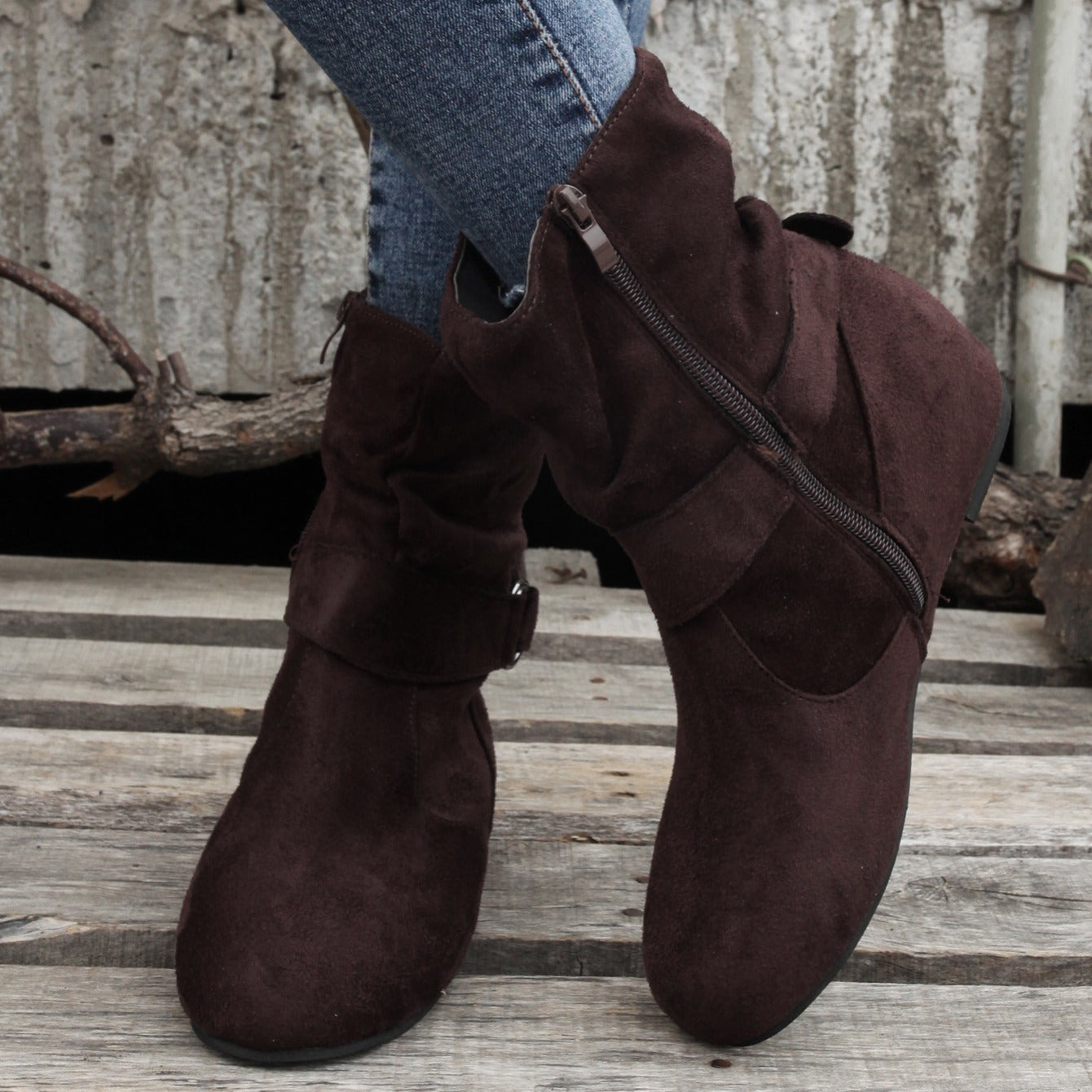 踝靴 圓頭 扣環 皮帶 側邊拉鍊靴