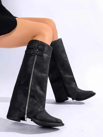Trendy Black Leather Boots With Zipper