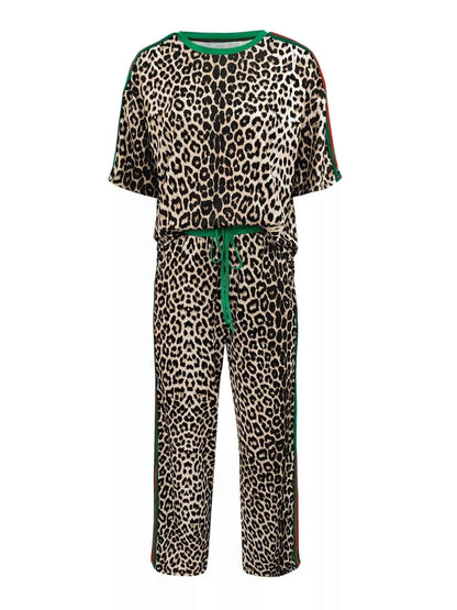 Leopard Round Neck Top and Pants Two-Piece Set