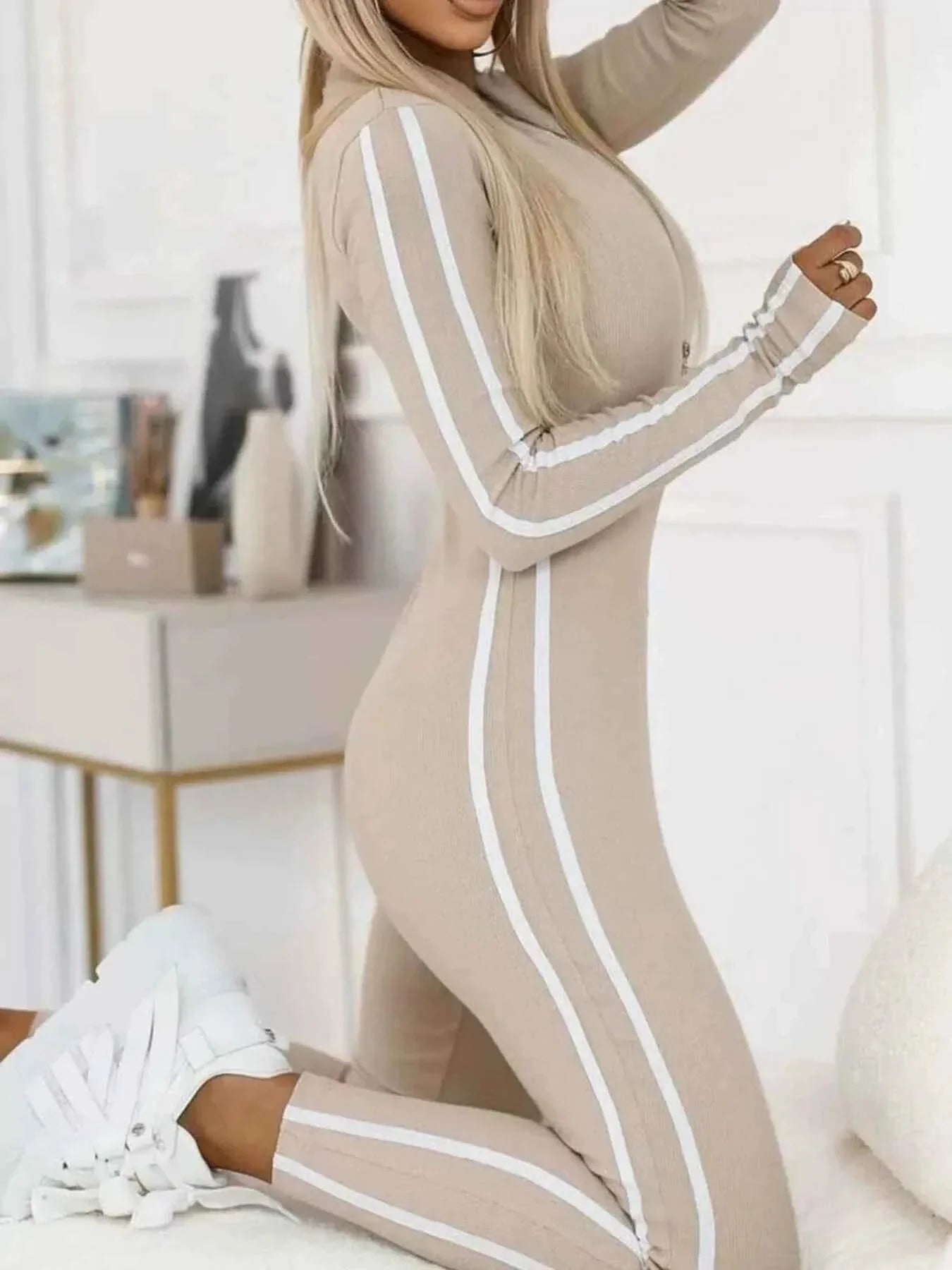 Full Size Stripe Zip-Front : Long Sleeve Jumpsuit Plus Size
