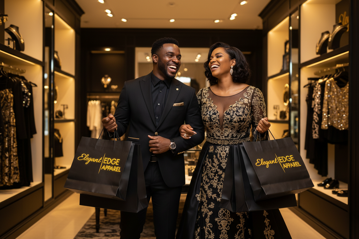 Couple shopping with Elegant Edge Apparel branded bags