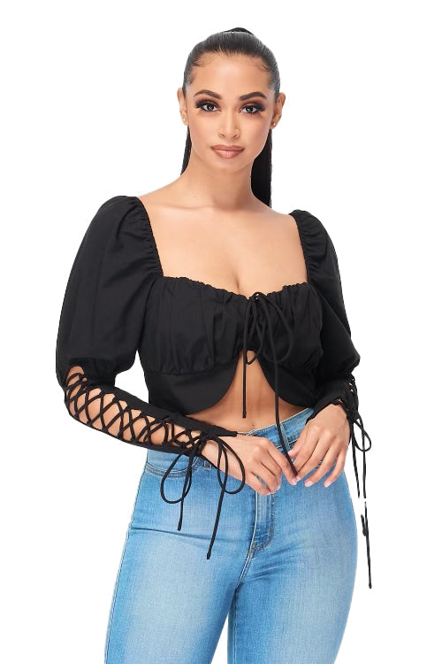 Black Crop Long Sleeve Lace Up Top