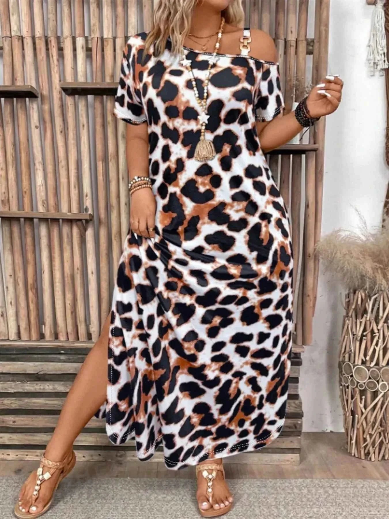 Plus Size Leopard Print Short Sleeve Maxi Dress with Side Slit