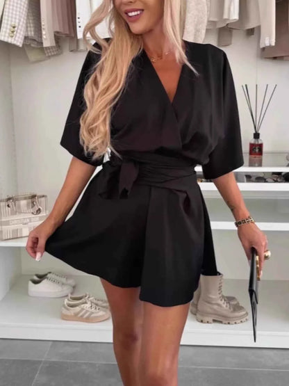 Full Size Surplice Tie Waist Romper Plus Size