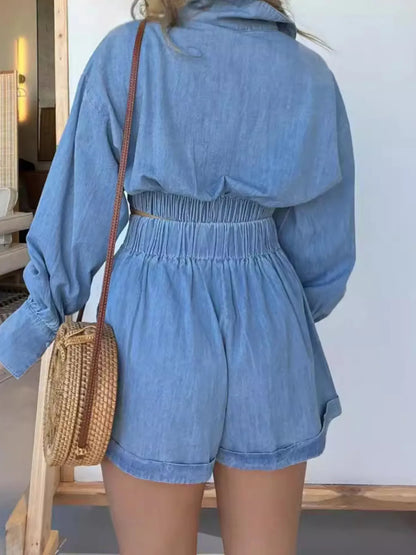 Long Sleeve Top and Shorts Denim Set Plus Size for women