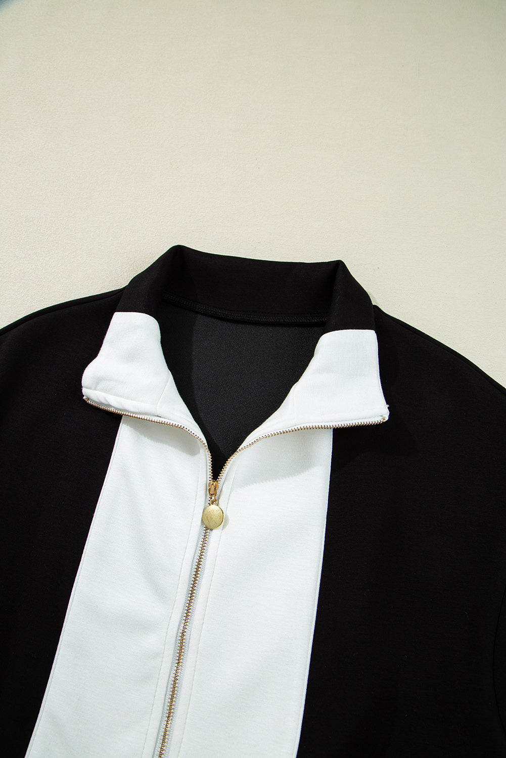 Black Contrast Collar Patchwork Zip Front Romper