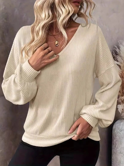 Ribbed Knit Back Bow Tie Blouse