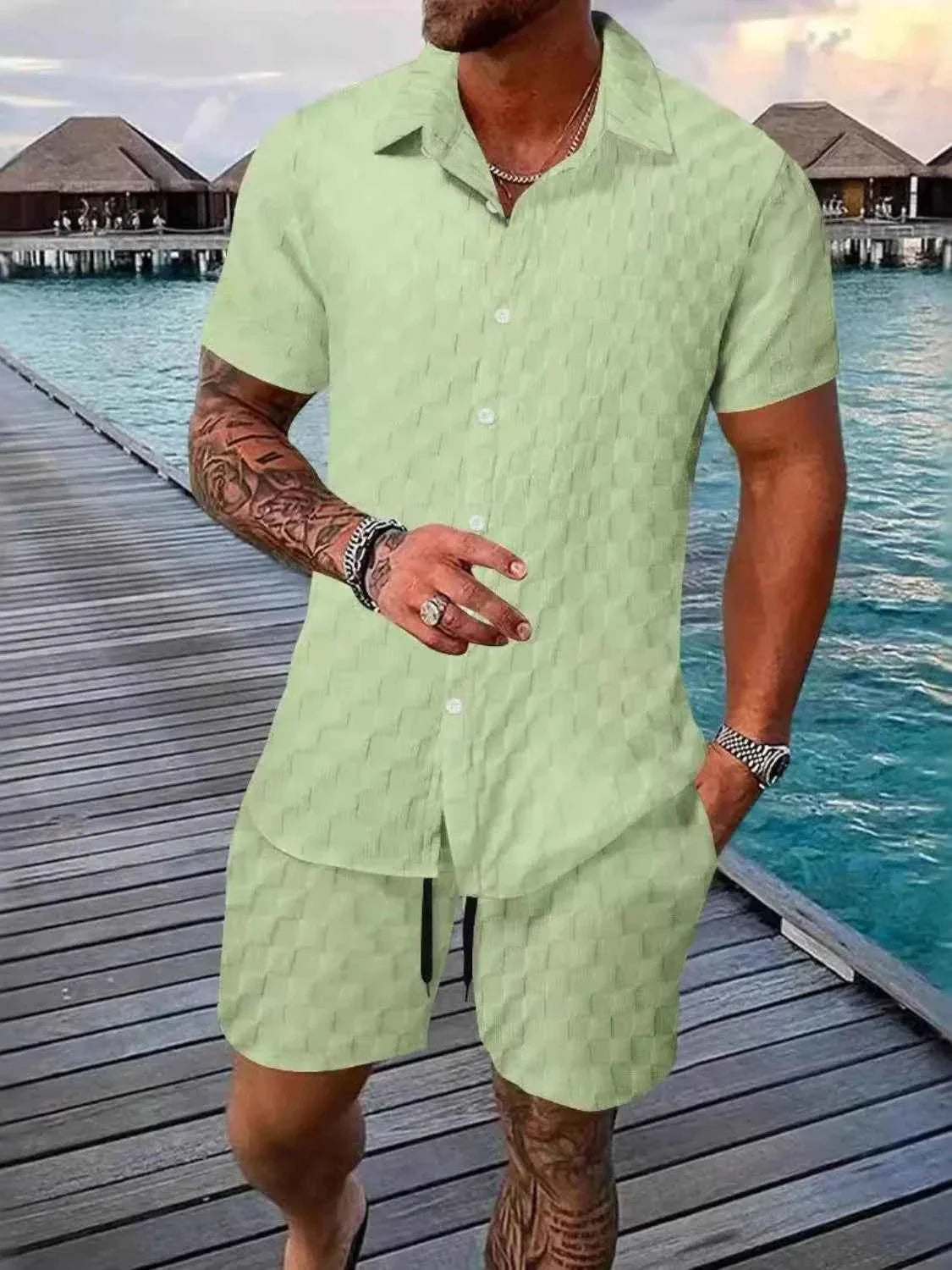Men's Full Size Collared Neck Short Sleeve Top and Shorts Set Plus Size