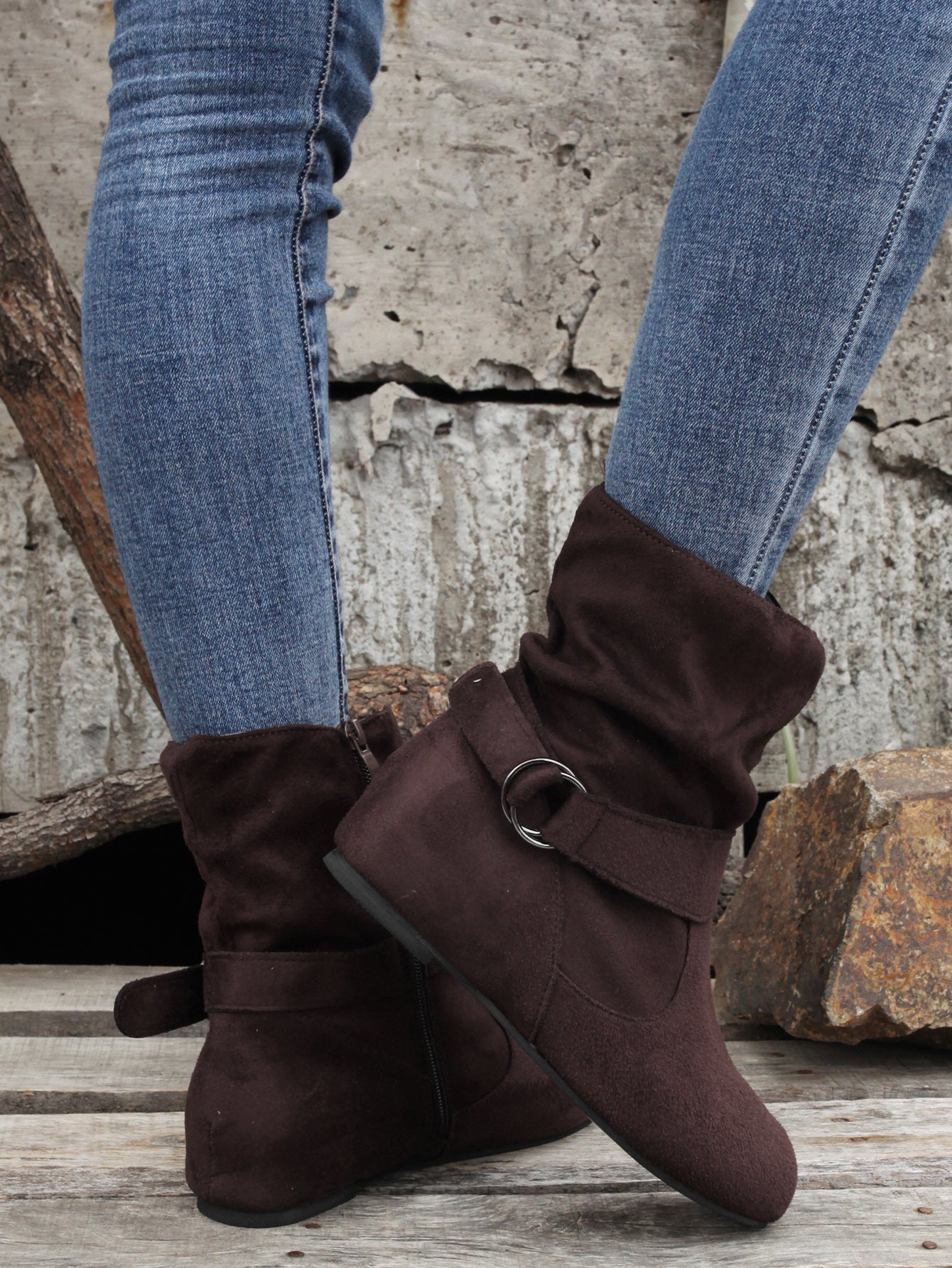 踝靴 圓頭 扣環 皮帶 側邊拉鍊靴