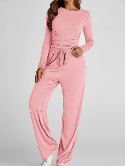 Round Neck Long Sleeve Top and Pants Set