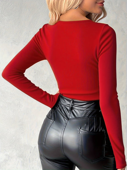 Rhinestone Chain Embellished Basic Cuff Sleeve Slit Top