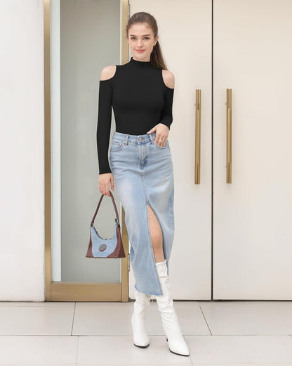 HERLOLLYCHIPS Mock Neck Tops for Women Cold Shoulder Long Sleeve Ribbed Knit Tight Stretchy Sexy Dressy Casual T-Shirts