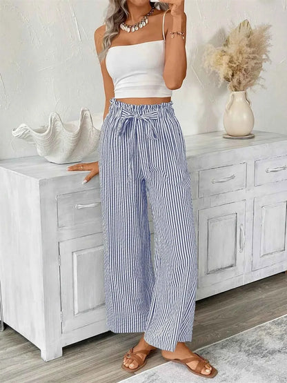 Full Size Striped Wide Leg Paper Bag Pants Plus Size