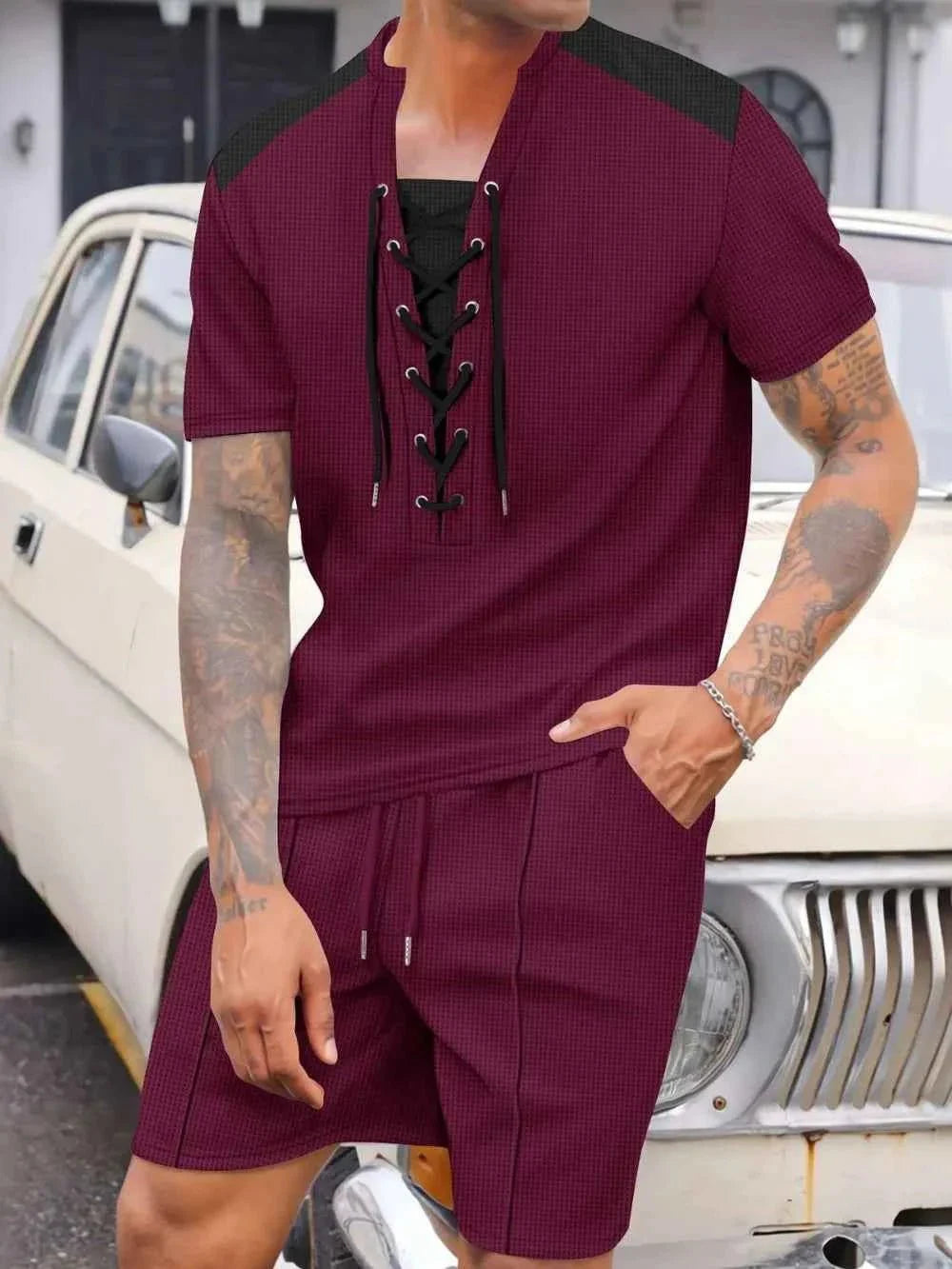 Men's Lace-Up Set Waffle Knit Two-Piece Outfit Plus Size