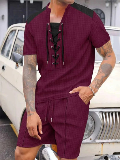Men's Lace-Up Set Waffle Knit Two-Piece Outfit Plus Size